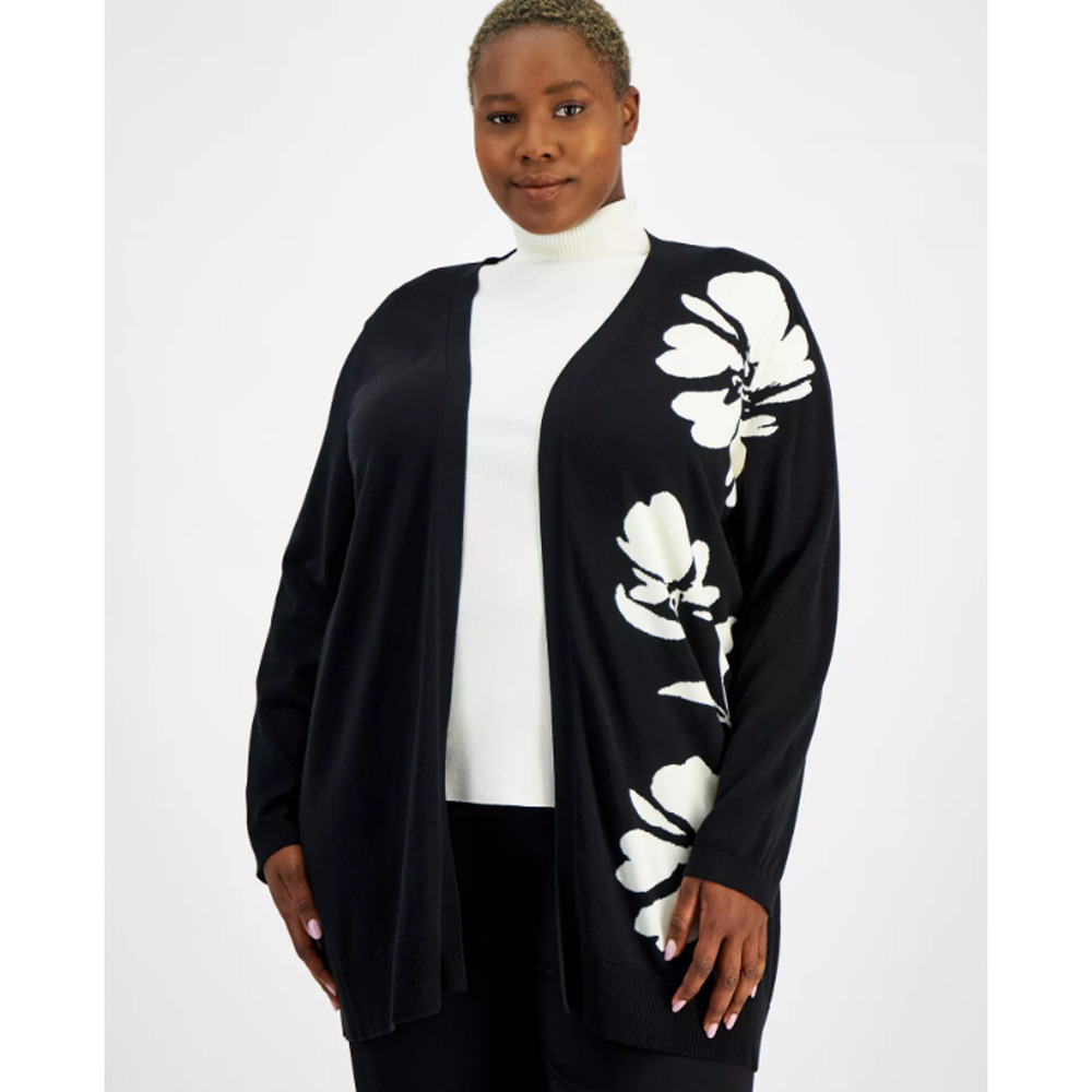 Anne Klein Womens Floral Intarsia Cardigan Sweater Black Plus Size 0X 17124